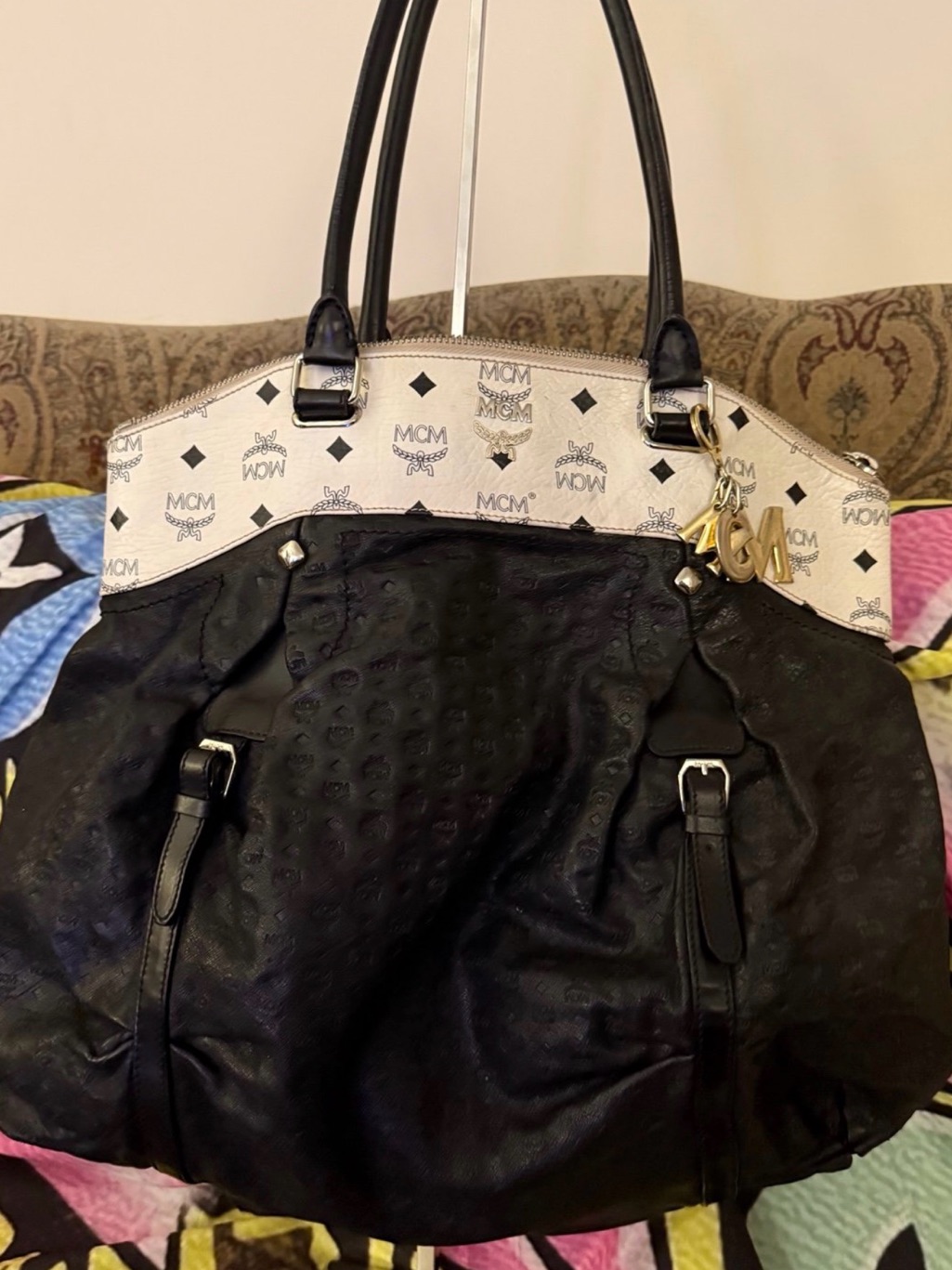 Mcm Black And White Logo Dome Tote